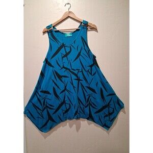 NF Free Size Wmn Turquoise Tank Top Tunic Black Bamboo Print Wooden Rings Tropic